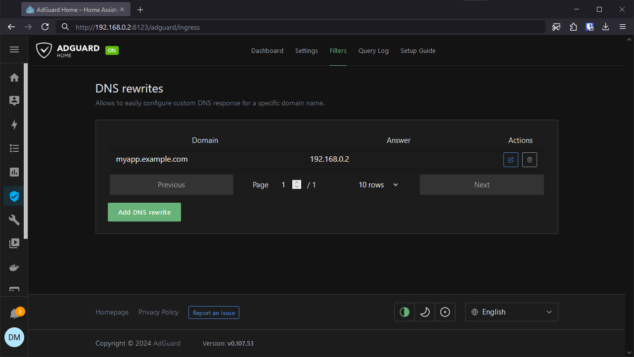 AdGuard Home DNS rewrite